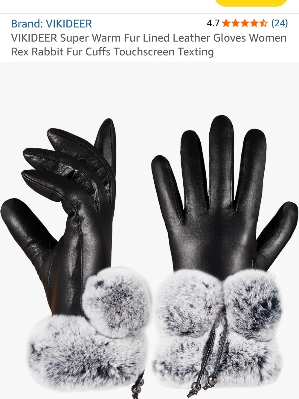 VIKIDEEr Black Leather Gloves with White-Gray Fur Cuffs